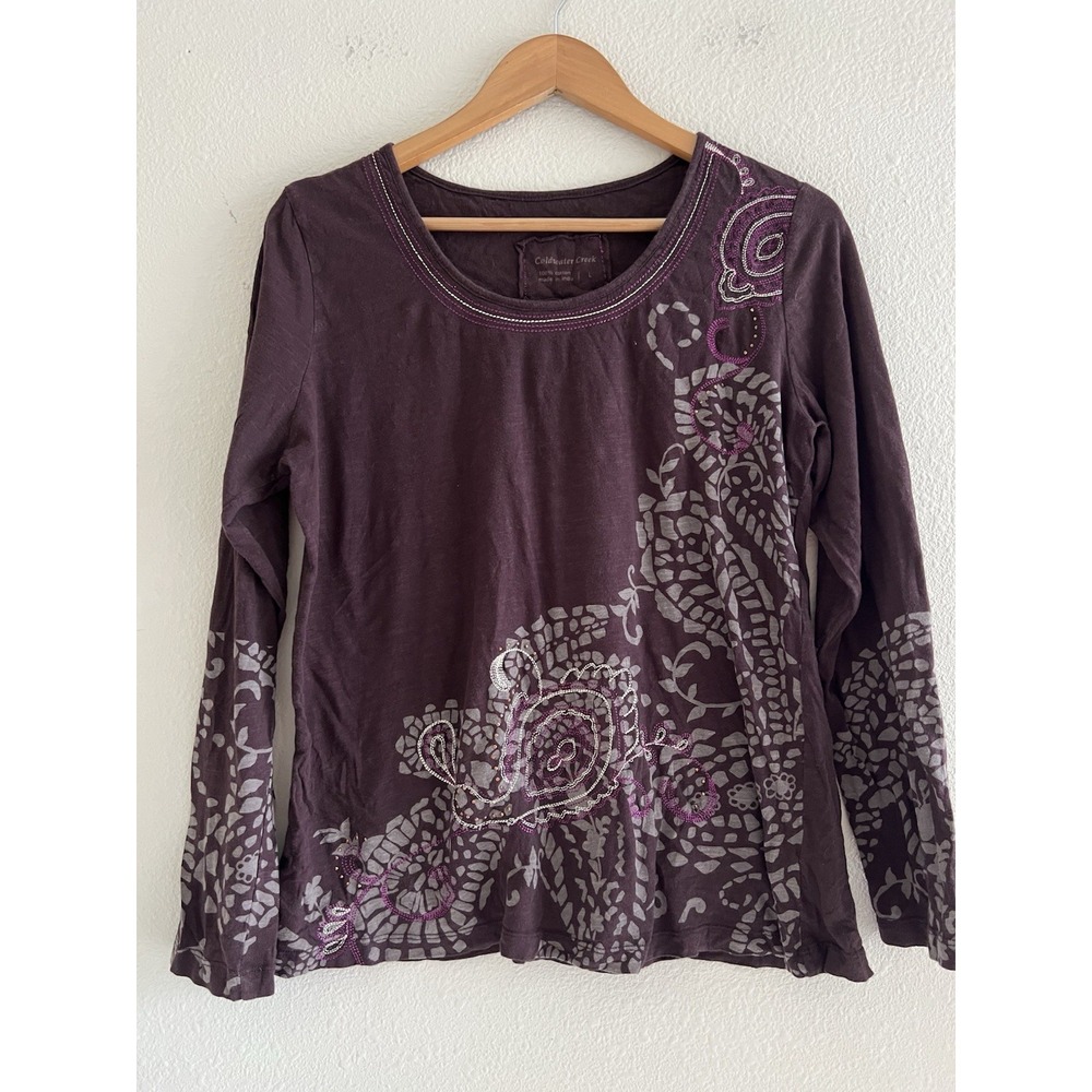 Coldwater Creek Y2K Paisley Embellished Long Sleeve Top Womens Large Grunge